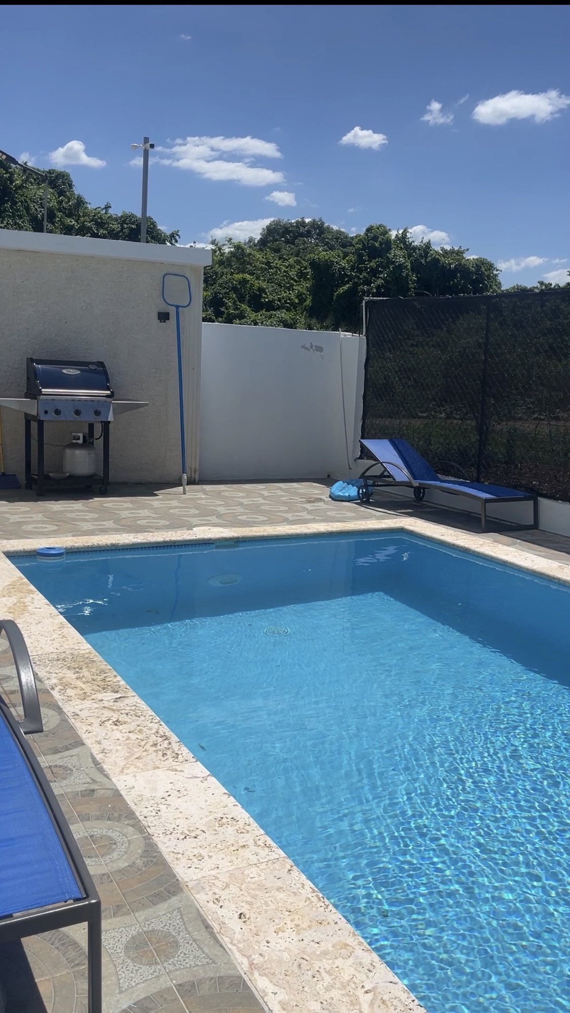 The pool, with the barbecue and a lounger